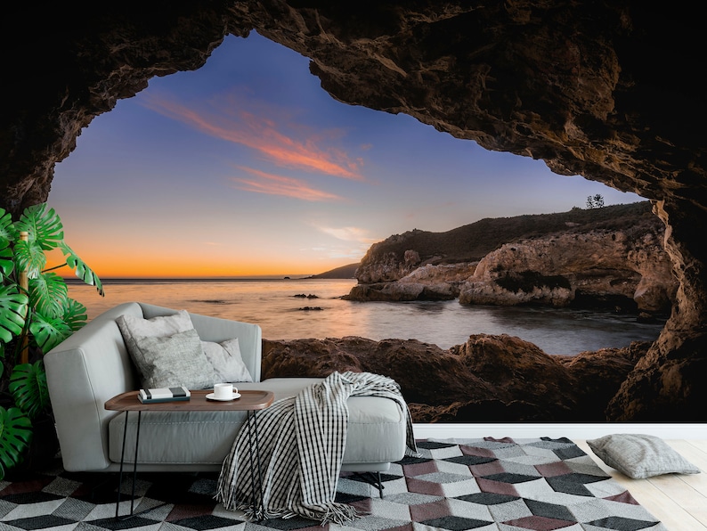 Sunset Ocean Cave Wallpaper Wall Decal for Bedroom Wall Etsy
