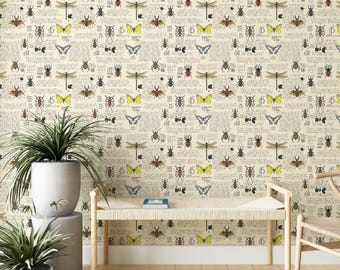 Insect Study Wallpaper: Cream & Black Scientific Wall Decor