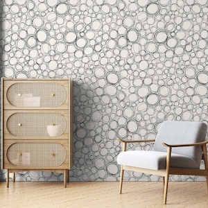 Sketch Circles Wallpaper | Cream & Black, Abstract Wall Decor | Traditional or Peel and Stick