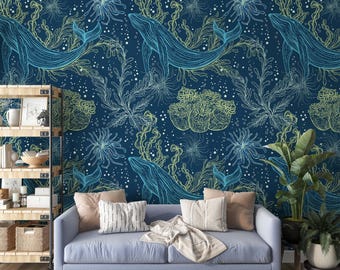 Whale Wallpaper: Navy & Blue Coastal Wall Decor