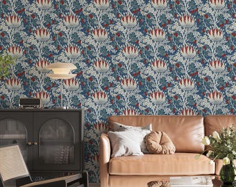 Artichoke Floral Wallpaper: Navy & White Arts and Crafts Style Decor