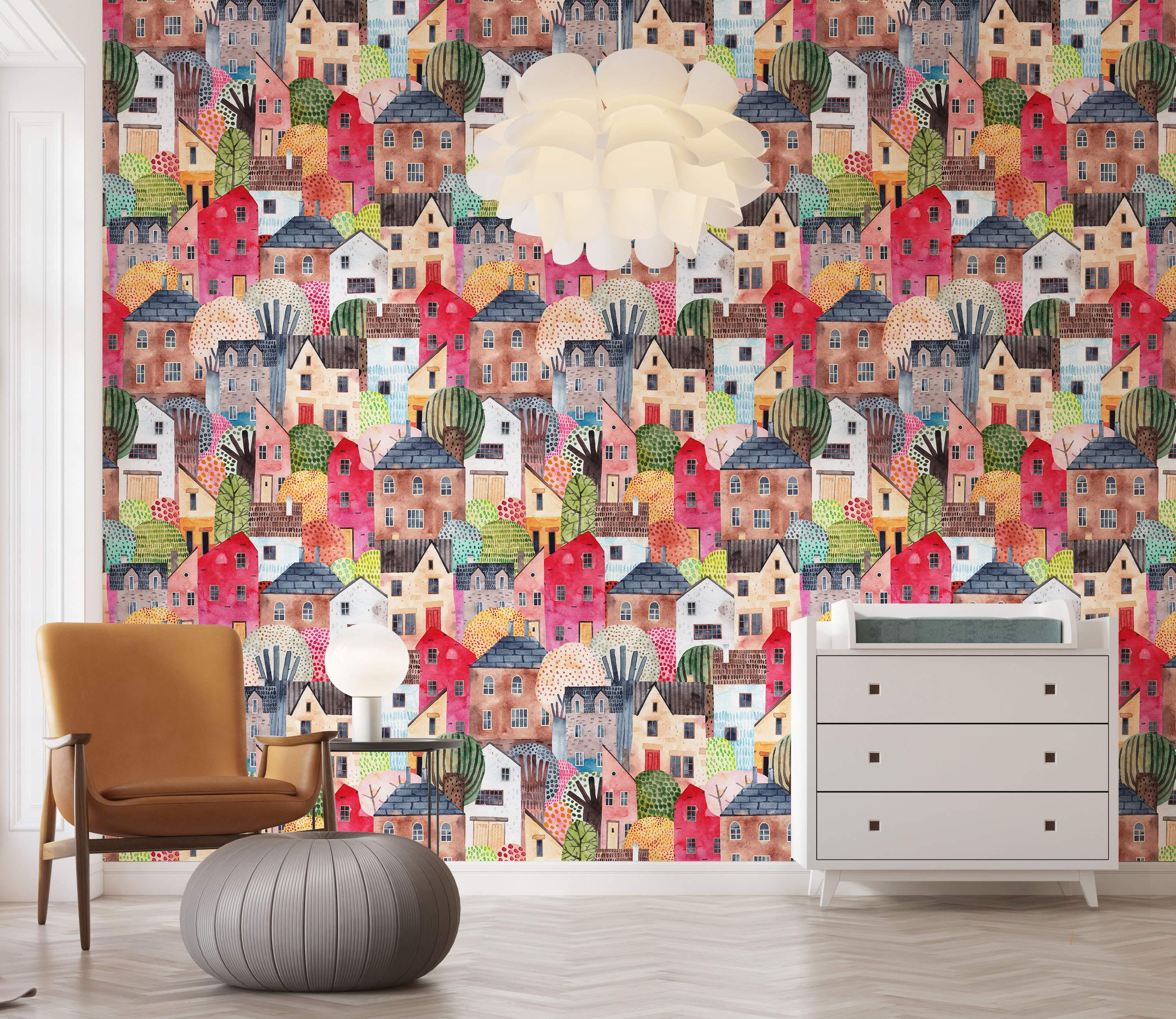 Village Houses Wallpaper | Colorful, Whimsical Wall Decor | Traditional or Peel and Stick