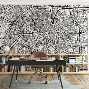 Mural de parede com mapa da cidade | Branco e preto, decoração de parede abstrata | Tradicional ou removível e colante