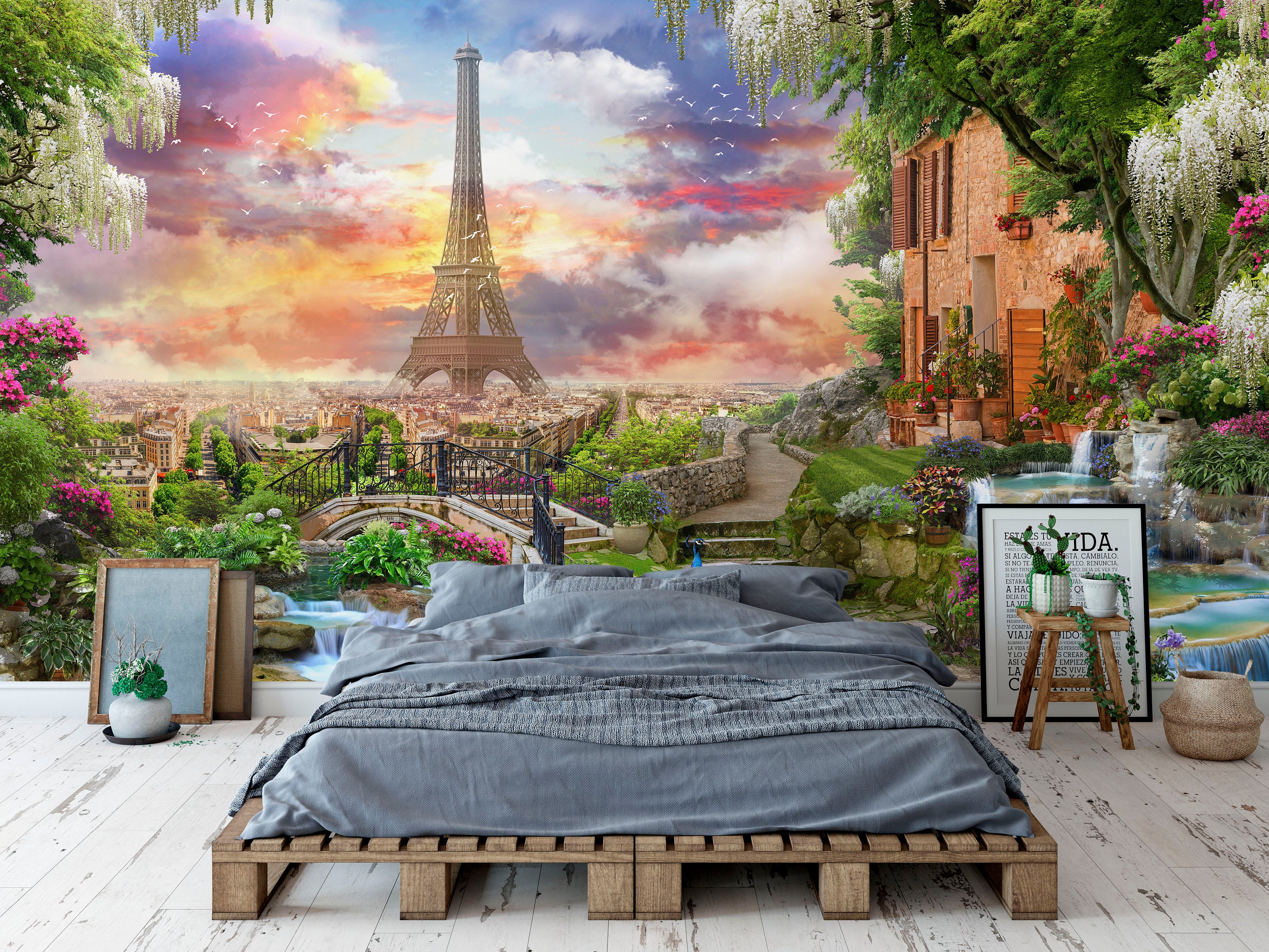 Floral View of Paris 3D Wallpaper Wall Decal for Bedroom - Etsy Floral View of Paris 3D Wallpaper Wall Decal for Bedroom - Etsy