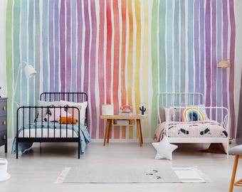 Rainbow Stripes Wallpaper | Multicolor, Scandinavian Wall Decor | Traditional or Peel and Stick
