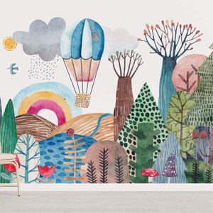 a wall mural of a forest with hot air balloons