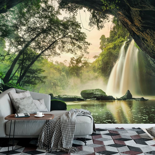 Tropical Forest Waterfall Wallpaper Wall Decal for Bedroom Etsy