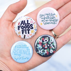 Nutrition Button or Magnet Bundle | 1.5 Inch Diameter | RD Day Gift | Registered Dietitian Pin | All Foods Fit | Nutrition