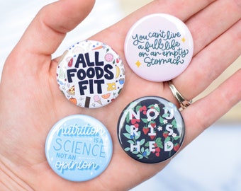 Nutrition Button or Magnet Bundle | 1.5 Inch Diameter | RD Day Gift | Registered Dietitian Pin | All Foods Fit | Nutrition