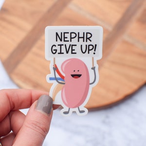 Nephr Give Up | Registered Dietitian Waterproof Sticker | Cute Kidney Decal | Renal Clinical RD Gift | RD Day Idea