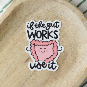 May include: A sticker with a cartoon intestine with a smiling face and the text "if the gut works use it".