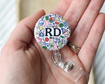 Nutrition Doodles and Credentials Badge Reel | Dietitian ID Holder | RD Badge Buddy | Clinical Dietitian Gift | Badge Clip