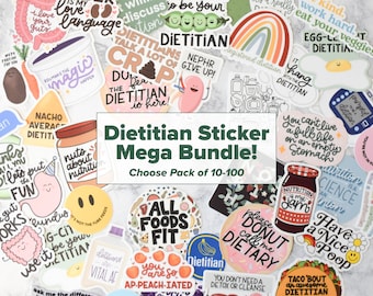May include: A collection of colorful and humorous dietitian-themed stickers. The stickers feature various designs, including a rainbow, a gut with a happy face, a jar of peanut butter, a donut, and a taco. The text on the stickers includes phrases like "Dietitian Talk a Lot of Crop", "All Foods Fit", "You Can't Live a Full Life on an Empty Stomach", and "Taco 'Bout an Awesome Dietitian".
