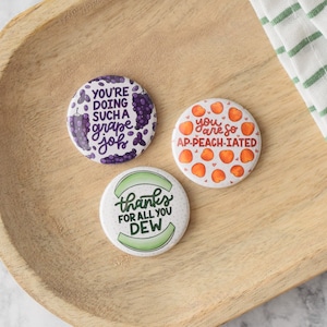 Encouraging Fruit Puns Button or Magnet Bundle | 1.5 Inch Diameter | RD Day Gift | Registered Dietitian Pin | Nutrition Magnet