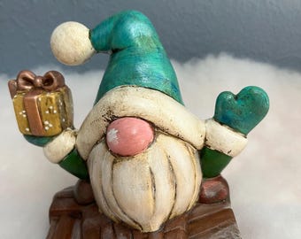 Ceramic Holiday Santa Gnome with Gift | Santa's Little Christmas Helper | Elf on a Shelf