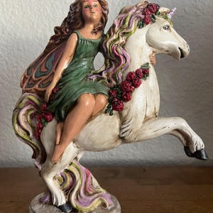 Fairy Riding Unicorn Figurine | Hand Painted Ceramic Garden Fairy and Unicorn | Fantasy Unicorn with Green Fairy