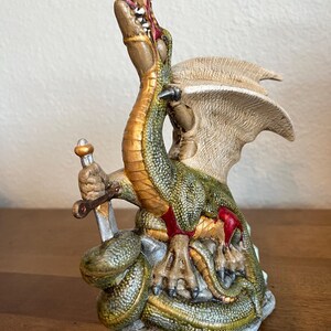 Green Yellow Winged Dragon | Hand-Painted Ceramic Dragon | Fantasy Dragon with Sword