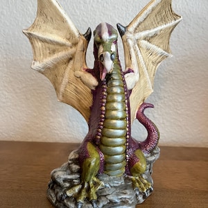 Purple Green Winged Dragon | Handpainted Ceramic Dragon | Fantasy Dragon Sculpture