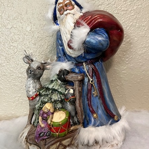 Handpainted Blue Santa Claus Figurine |Ceramic Santa with Reindeer on Sleigh |Saint Nick Figurine