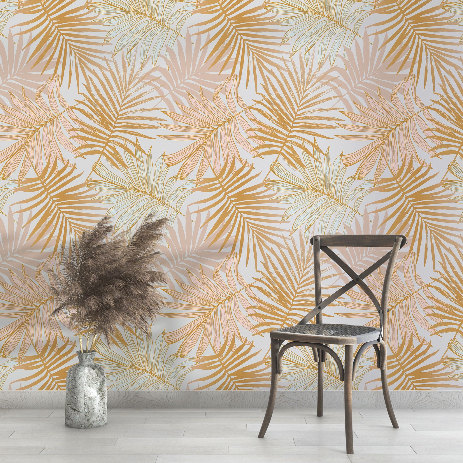 Removable Wallpaper Gold Tropical Leaf Print Wallpaper Gold Etsy