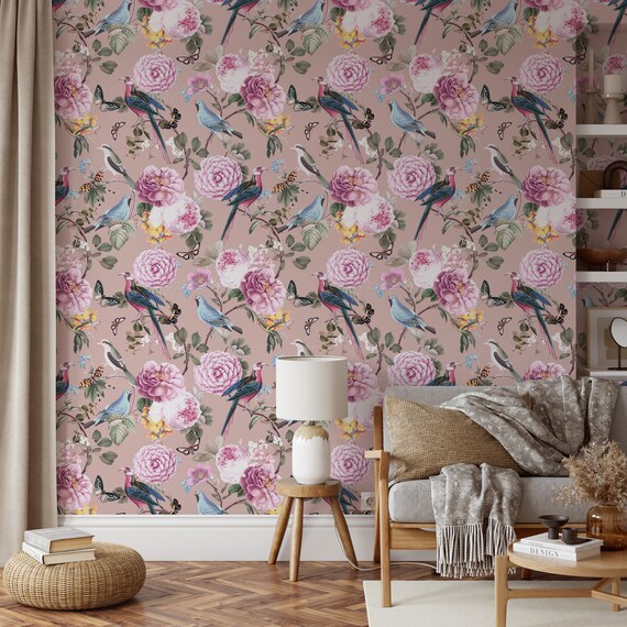 Peel and Stick Wallpaper Pink Floral Wallpaper Modern | Etsy