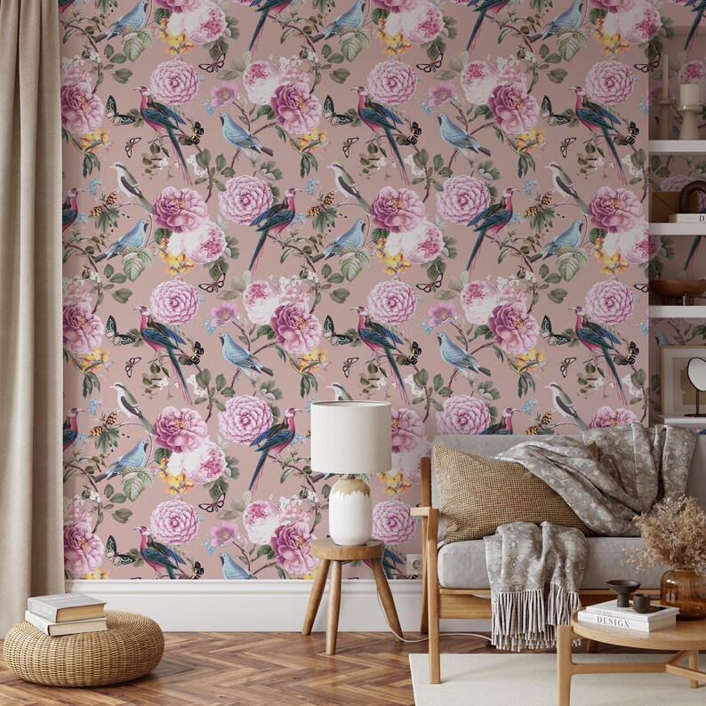Peel and Stick Wallpaper Pink Floral Wallpaper Modern | Etsy