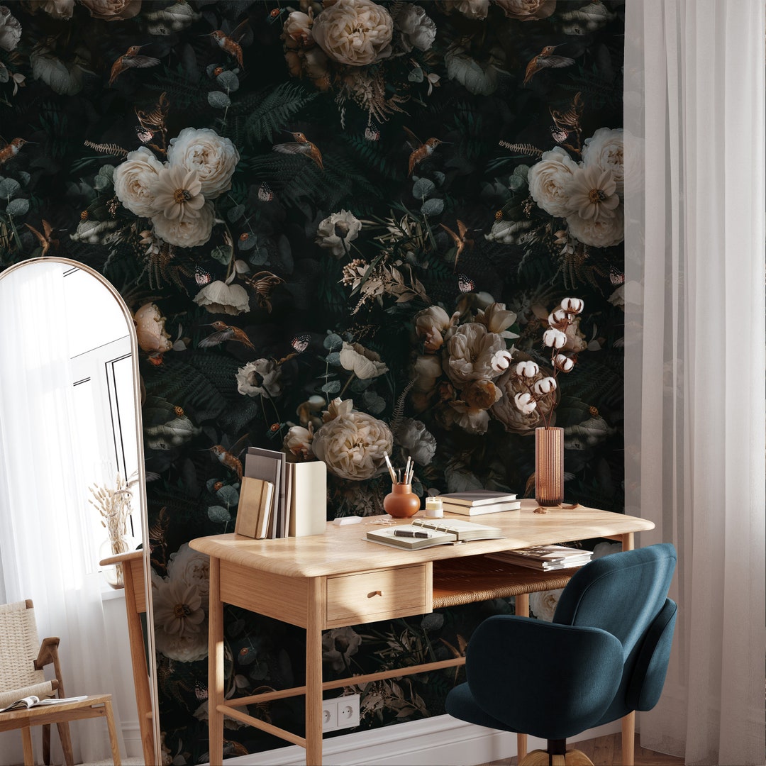 Dark Floral Wallpaper Peel and Stick Dark Blossom Large Wall Mural ...
