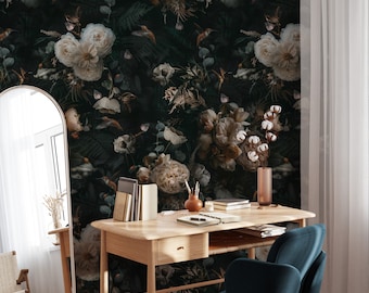Dark Floral Wallpaper Peel and Stick Dark Blossom Large Wall Mural Vintage Floral Wallpaper EZW68