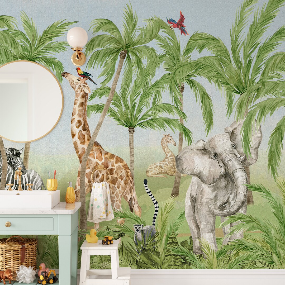 Kids Jungle African Wallpaper Mural Peel and Stick - Giraffe Tiger ...