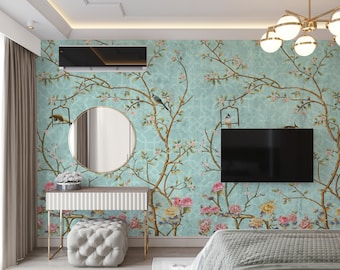 Removable Wallpaper Chinoiserie Wallpaper Peel and Stick Wall Mural Wallpaper Birds Vintage Wallpaper Wall Decor Bedroom Wall Decal