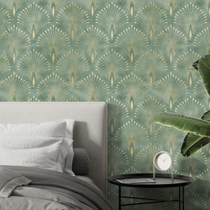 Green Luxury Art Deco Style Removable Wallpaper - Vintage Geometric Pattern with Gold Effect Peel and Stick Temporary Wallpaper for Renters