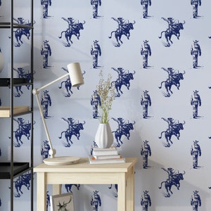 Blue Wild West Cowboy Temporary Wallpaper Peel and Stick - Western Cowboy with Bull in Vintage Style Removable Wallpaper for Renters