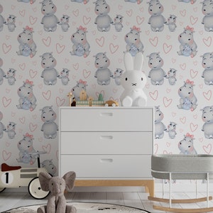 Removable Wall Paper Fun Wallpaper Nursery Wallpaper Girl Wallpaper Animal Wallpaper Boy Wallpaper Girls Wallpaper Cute Hippo Wallpaper