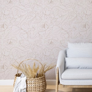Minimalist Line Drawing Flowers Wallpaper Peel and Stick - Large Scale Floral Beige Boho Peony Removable or Traditional Wallpaper