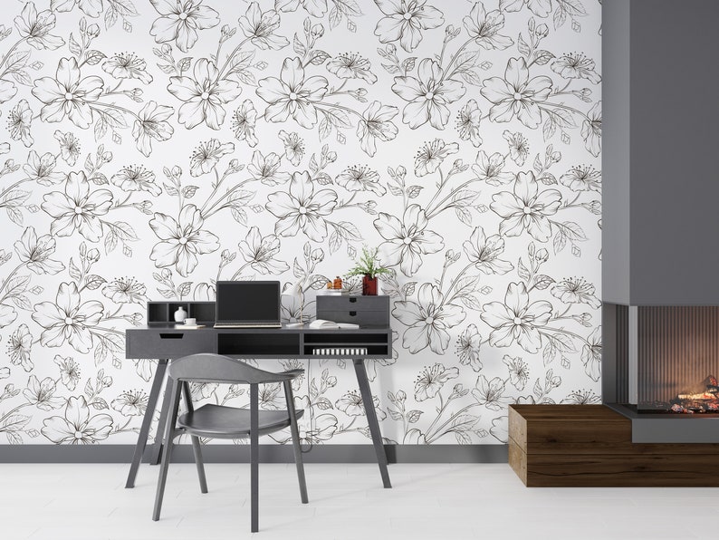 Self Adhesive Wallpaper Black and White Wallpaper Floral Wallpaper Bathroom Art Back and White Vintage Nursery Wall Covering image 6