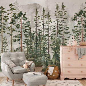 Foggy Pine Tree Woodland Forest Peel and Stick Wall Mural - Fairy Tree Kids Nursery Removable or Traditional Forest Wallpaper for Renters