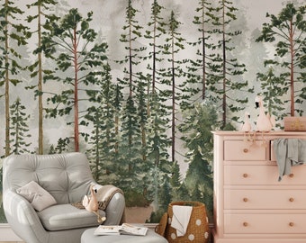 Foggy Pine Tree Woodland Forest Peel and Stick Wall Mural - Fairy Tree Kids Nursery Removable or Traditional Forest Wallpaper for Renters
