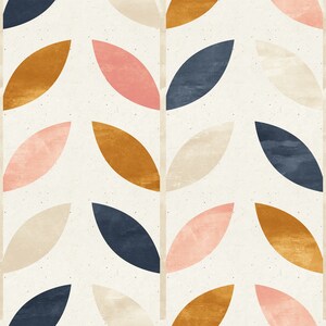 Puede incluir: Un patr&oacute;n sin costuras que presenta hojas estilizadas en tonos de rosa, naranja, beige y azul. Las hojas est&aacute;n dispuestas en un patr&oacute;n repetitivo, creando un dise&ntilde;o moderno y abstracto.
