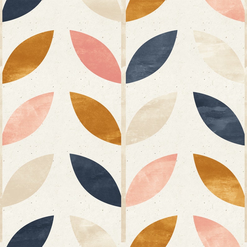 Puede incluir: Un patr&oacute;n sin costuras que presenta hojas estilizadas en tonos de rosa, naranja, beige y azul. Las hojas est&aacute;n dispuestas en un patr&oacute;n repetitivo, creando un dise&ntilde;o moderno y abstracto.