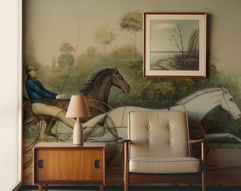 19th Century Horse Harness Race Mural Wallpaper Vintage Wallpaper Mural