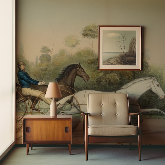 19th Century Horse Harness Race Mural Wallpaper Vintage Wallpaper Mural