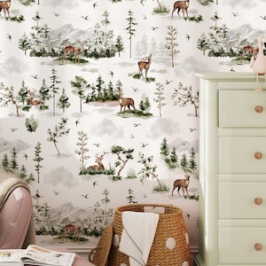 Pine Tree Forest Wallpaper Peel and Stick - Woodland Animals Green Forest and Baby Deer Removable or Traditional Renters Friendly Wallpaper