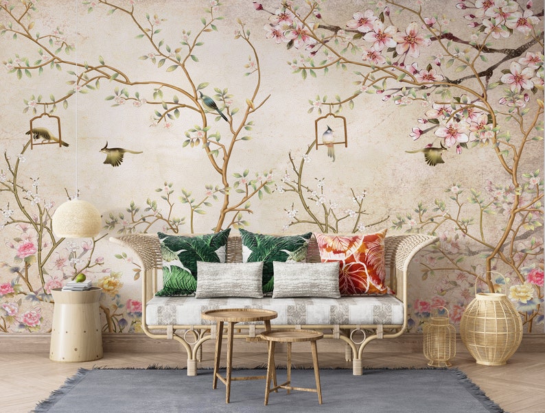 Vintage florals Cherry Blossom Tree Chinoiserie Wallpaper Removable Wallpaper Peel and Stick Wallpaper Wall Mural Cherry blossom EZW212 image 4