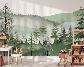 Peel and Stick Wallpaper Mural Pine Tree Forest Wall Mural Wallpaper Forest Foggy Forest Wall Art Kids Wallpaper Landscape Wall Mural
