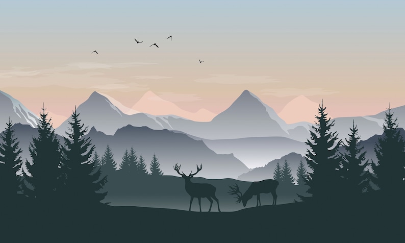 May include: Silhouette of two deer standing in a mountain landscape with a misty valley and a blue sky with birds flying overhead.