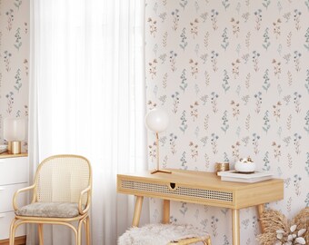 Removable Wallpaper Botanical Flowers Peel and Stick Mural Hand Drawn Wallpaper Floral Mural Boho Floral Wallpaper Baby Room Wallpaper