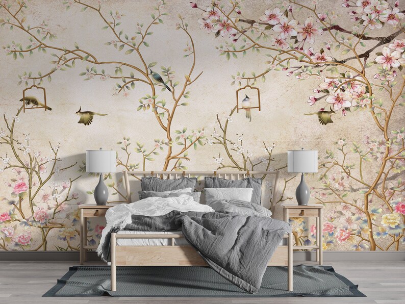 Vintage florals Cherry Blossom Tree Chinoiserie Wallpaper Removable Wallpaper Peel and Stick Wallpaper Wall Mural Cherry blossom EZW212 image 2