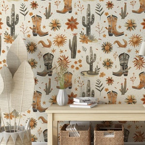 Beige Western Cowboy Decor Self Adhesive Wallpaper - Wild West Cowboy Theme in Boho Style Temporary Peel and Stick Wallpaper for Renters