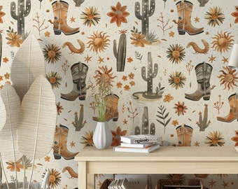 Beige Western Cowboy Decor Self Adhesive Wallpaper - Wild West Cowboy Theme in Boho Style Temporary Peel and Stick Wallpaper for Renters