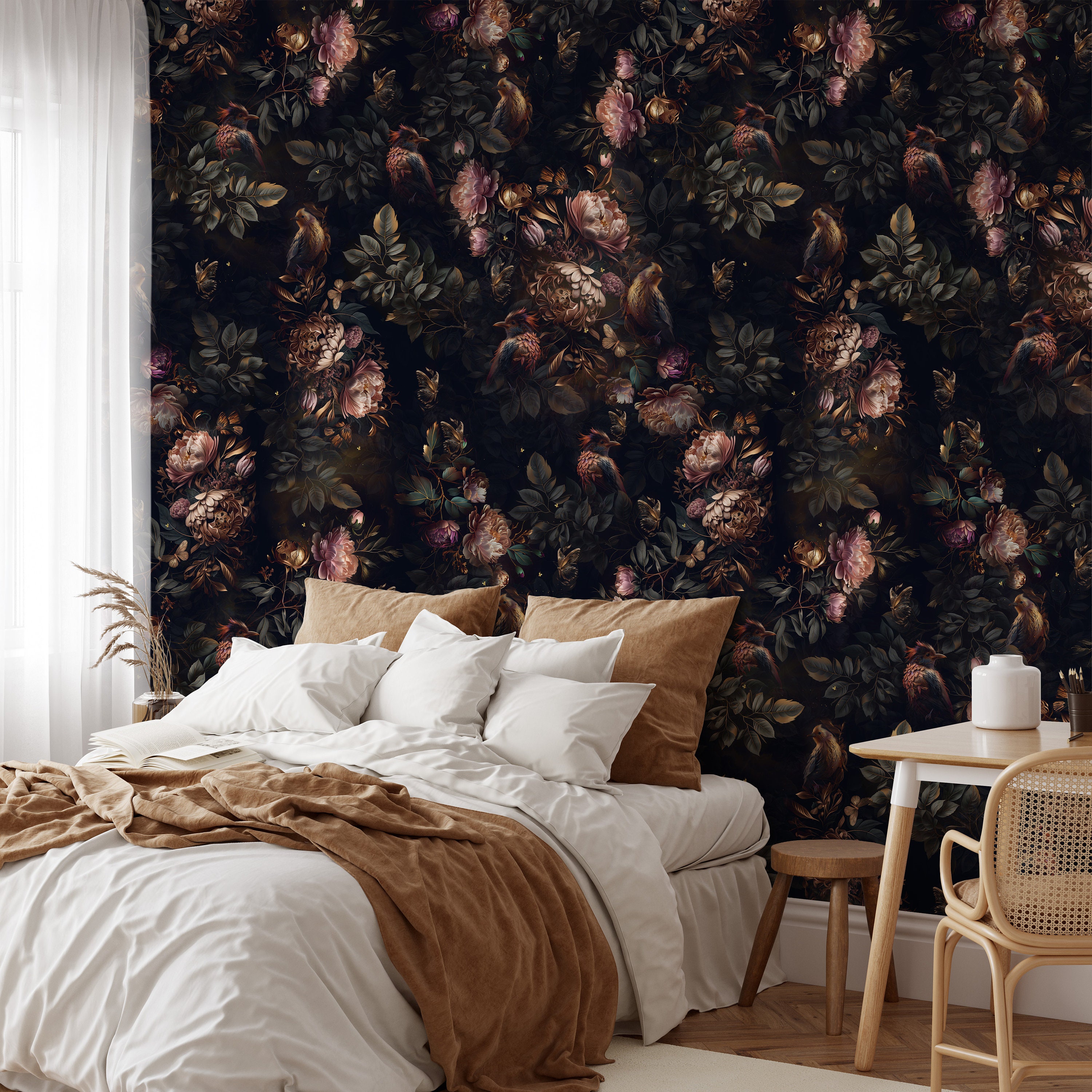 Dark Floral Moody Wallpaper Peel and Stick Blossom Large Wall Mural ...